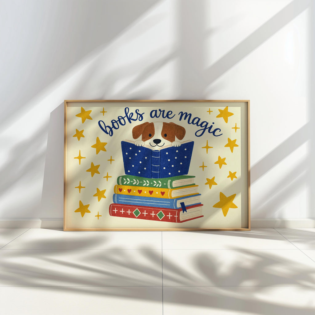 Dog reading wall art on low ledge, long sunlit shadows, 'Books Are Magic' blue, red, green details pop