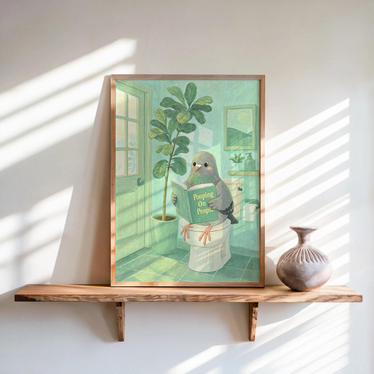Funny Pigeon Reading Pooping On People Wall Art, Bird Bathroom Decor, Whimsical Restroom Poster, Humorous Animal Lover Gift, Loo Print