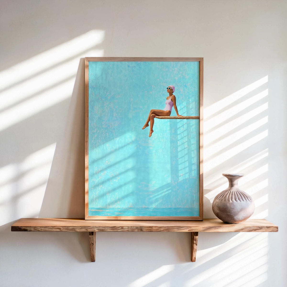 Swimmer on Diving Board Print, Retro Swimming Pool Wall Art, Vintage Poolside Palm Beach Decor, Mid Century Stylish Woman, Bathroom Poster