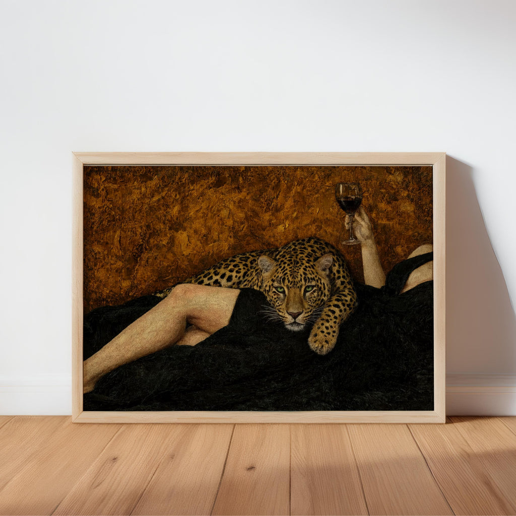 Abstract woman & Leopard Wine Art, Surreal Cheetah Luxury Wall Decor, Moody Dark Glamour Painting, Surrealist Femme Fatale Glam Animal Print