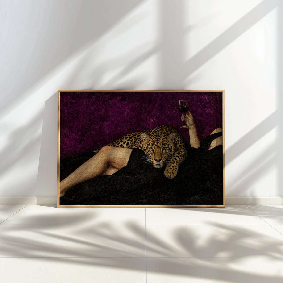 Abstract woman & Leopard Wine Art, Surreal Cheetah Luxury Wall Decor, Moody Dark Glamour Painting, Surrealist Femme Fatale Glam Animal Print