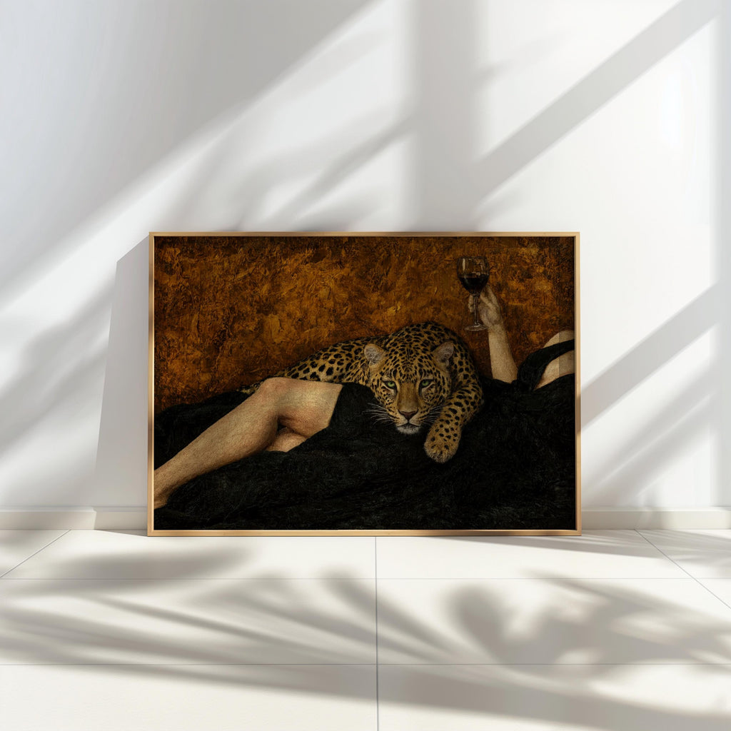 Abstract woman & Leopard Wine Art, Surreal Cheetah Luxury Wall Decor, Moody Dark Glamour Painting, Surrealist Femme Fatale Glam Animal Print
