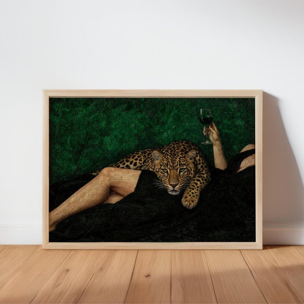 Abstract woman & Leopard Wine Art, Surreal Cheetah Luxury Wall Decor, Moody Dark Glamour Painting, Surrealist Femme Fatale Glam Animal Print