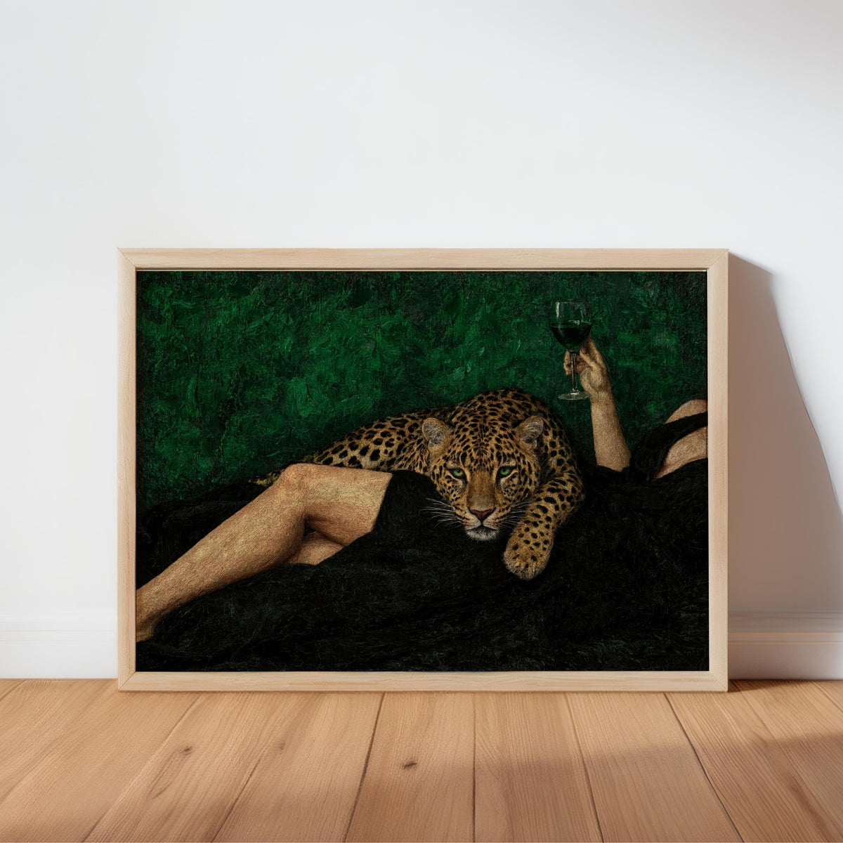 Abstract woman & Leopard Wine Art, Surreal Cheetah Luxury Wall Decor, Moody Dark Glamour Painting, Surrealist Femme Fatale Glam Animal Print