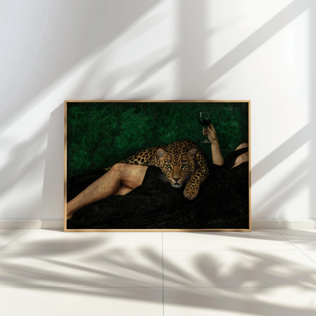 Abstract woman & Leopard Wine Art, Surreal Cheetah Luxury Wall Decor, Moody Dark Glamour Painting, Surrealist Femme Fatale Glam Animal Print