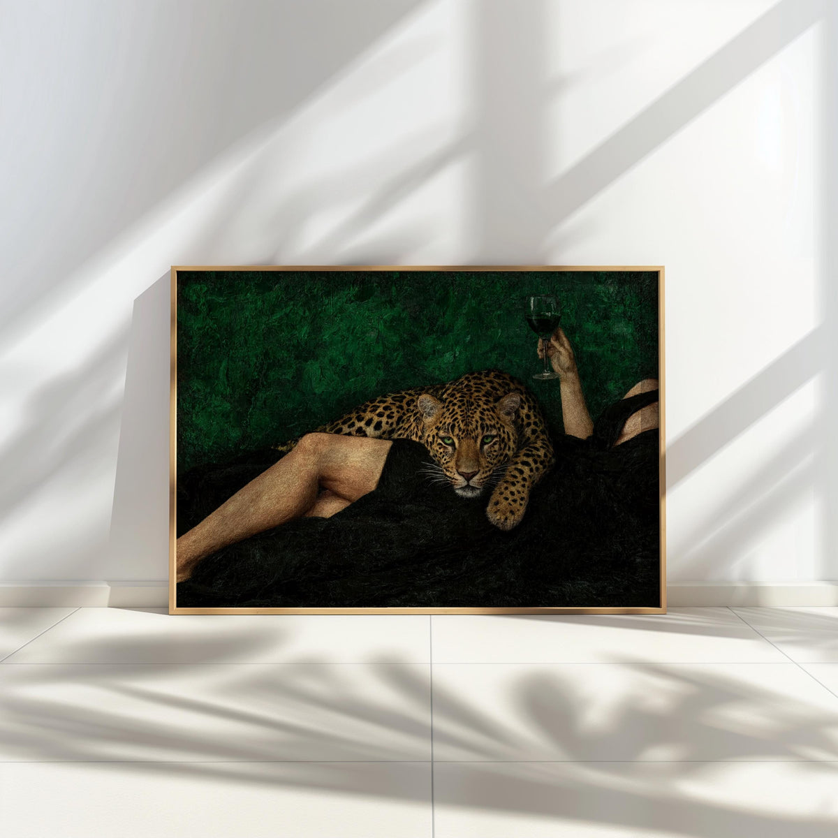 Abstract woman & Leopard Wine Art, Surreal Cheetah Luxury Wall Decor, Moody Dark Glamour Painting, Surrealist Femme Fatale Glam Animal Print