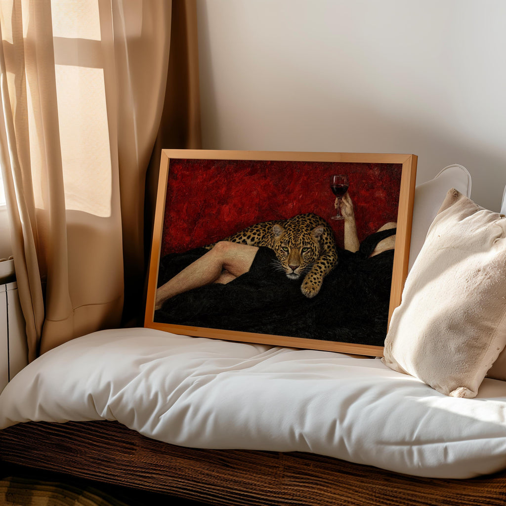 Abstract woman & Leopard Wine Art, Surreal Cheetah Luxury Wall Decor, Moody Dark Glamour Painting, Surrealist Femme Fatale Glam Animal Print