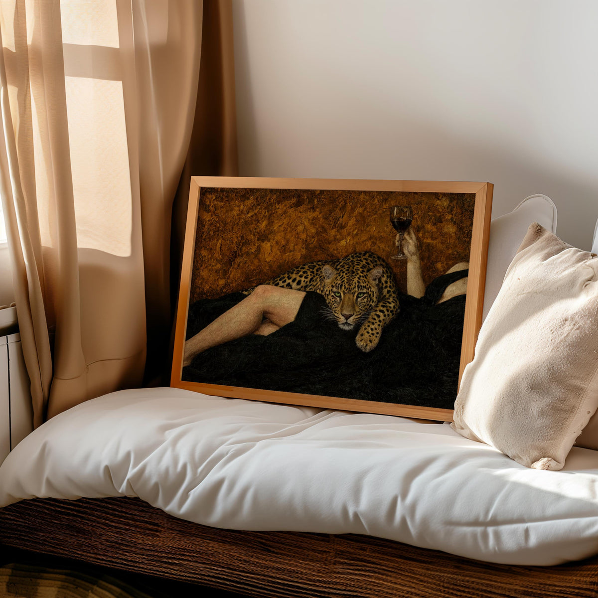 Abstract woman & Leopard Wine Art, Surreal Cheetah Luxury Wall Decor, Moody Dark Glamour Painting, Surrealist Femme Fatale Glam Animal Print