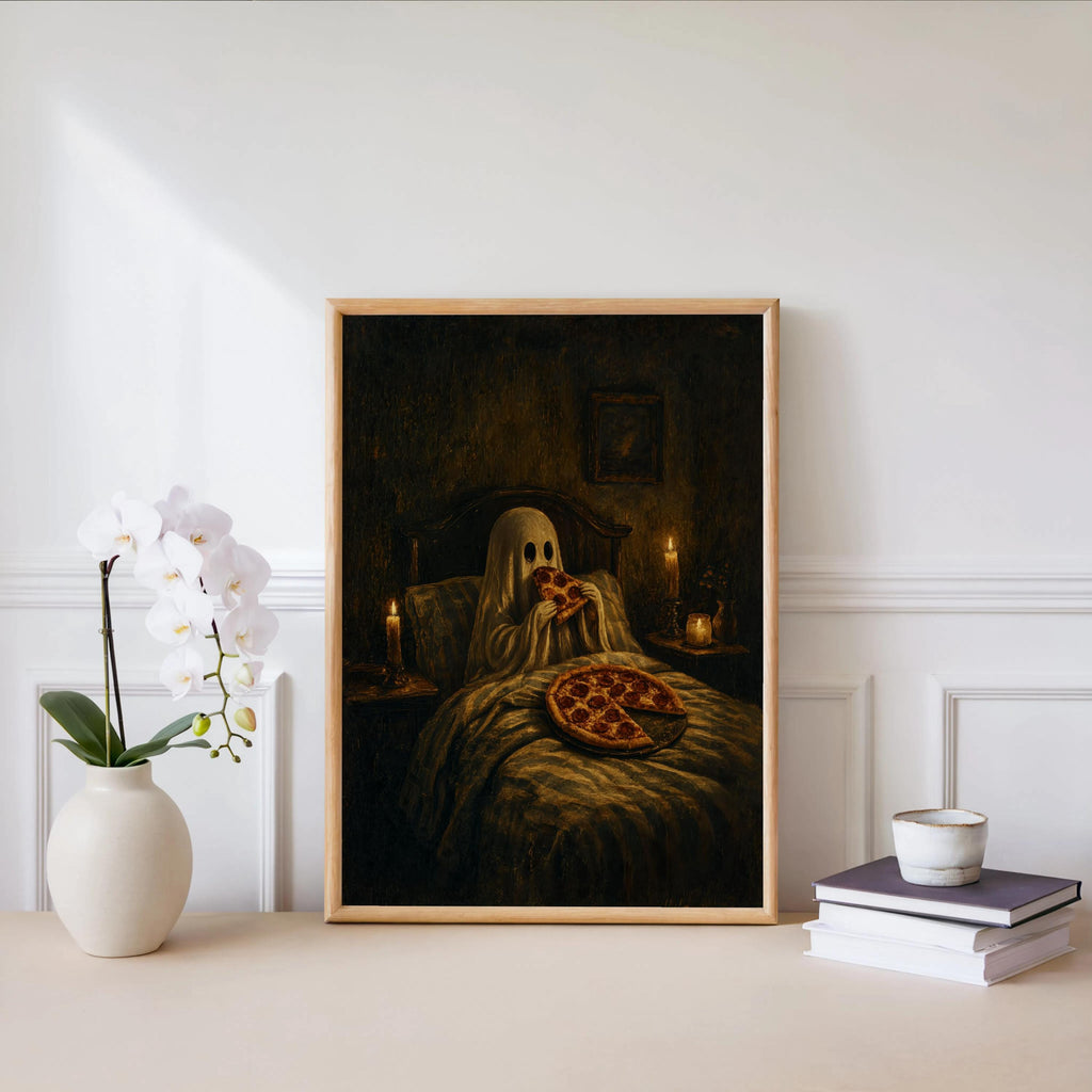 Ghost Pizza Wall Art, Funny Gothic Bedroom Print, Spooky Dark Humor Poster, Cozy Halloween Decor