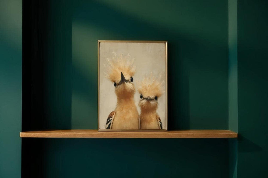 Small framed whimsical bird nursery wall art on a teal shelf, pastel beige backdrop, visible brushstrokes, modern minimalist feel.