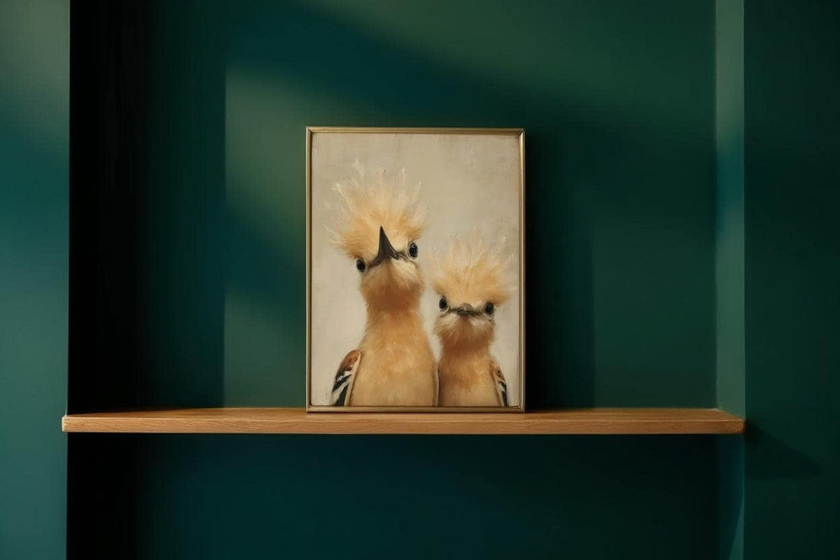 Small framed whimsical bird nursery wall art on a teal shelf, pastel beige backdrop, visible brushstrokes, modern minimalist feel.