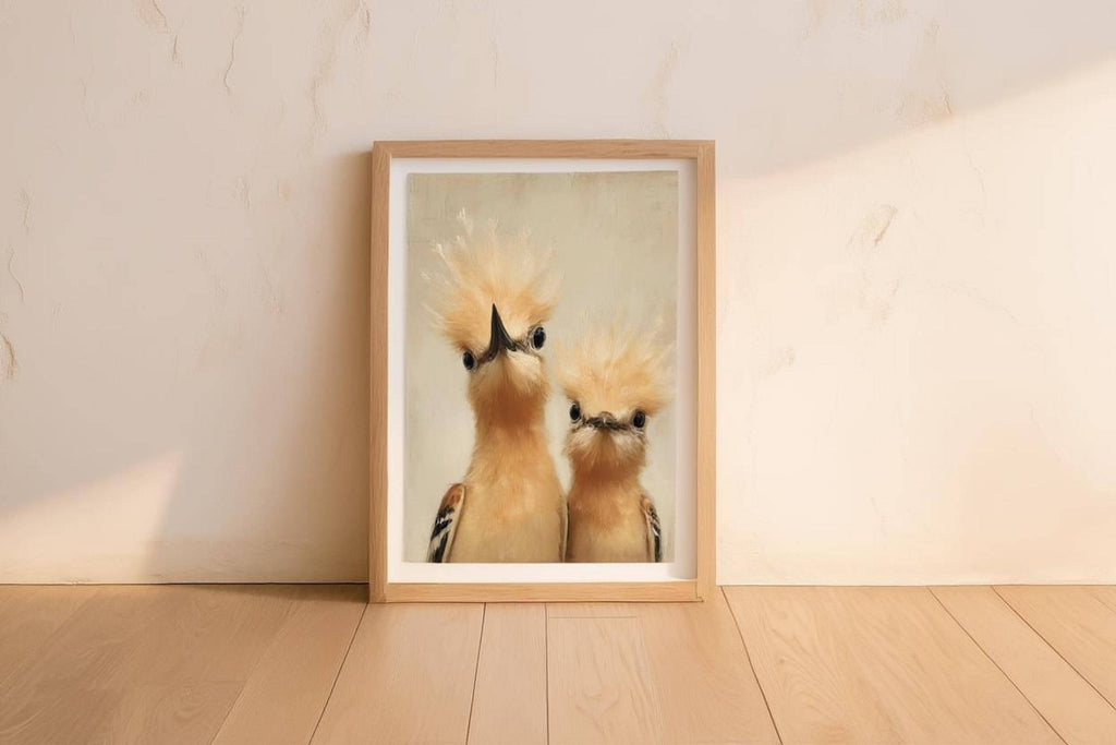 Sunlit corner with framed whimsical bird nursery wall art, soft cream wall, light wood frame, textured oil-painting style.