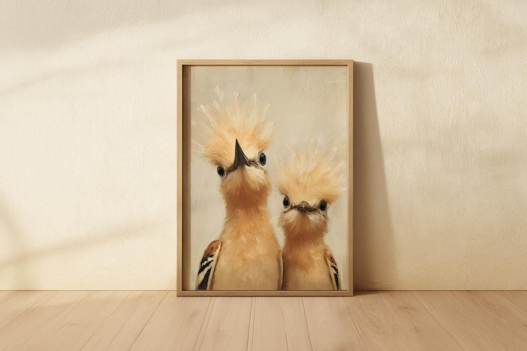 Unframed whimsical bird nursery wall art leaning on the floor, soft shadow, pastel neutral tones, visible canvas brushstrokes.