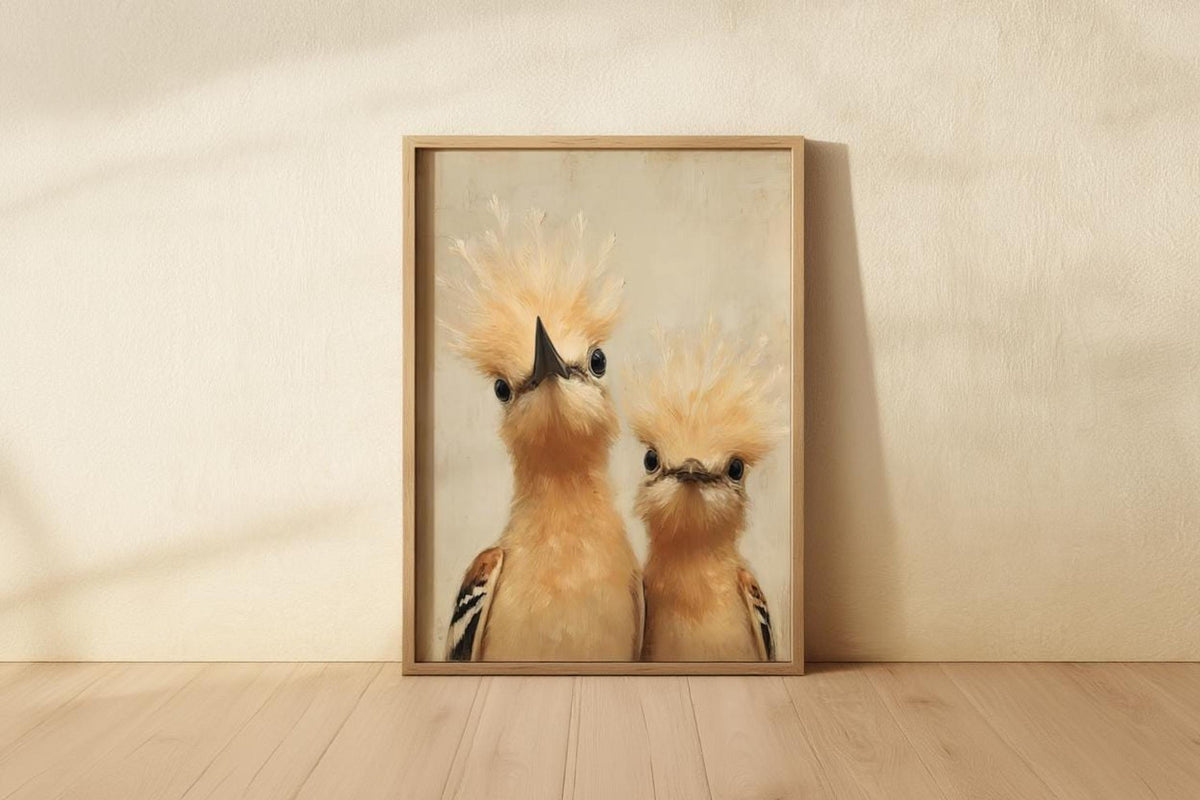 Unframed whimsical bird nursery wall art leaning on the floor, soft shadow, pastel neutral tones, visible canvas brushstrokes.