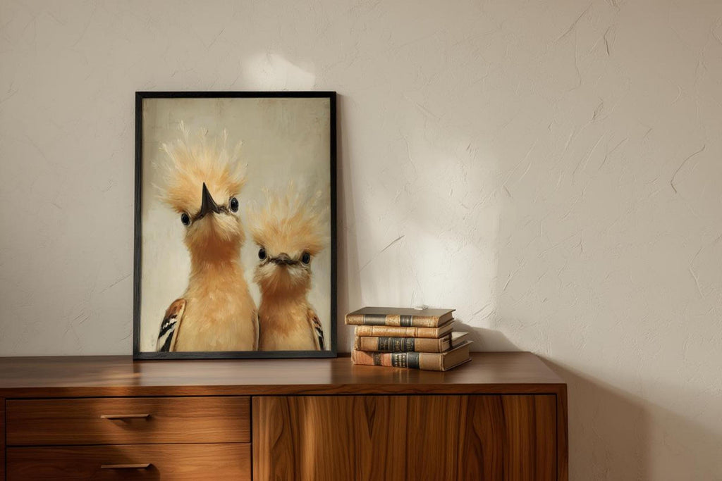 Whimsical bird nursery wall art on a sideboard, black frame, sunlight highlights painterly brushstrokes and neutral beige tones.