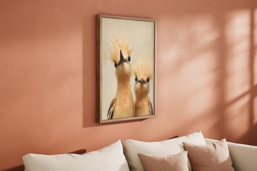 Whimsical bird nursery wall art hung above a sofa on terracotta plaster, window shadows across the print, cute bird wall art for kids.