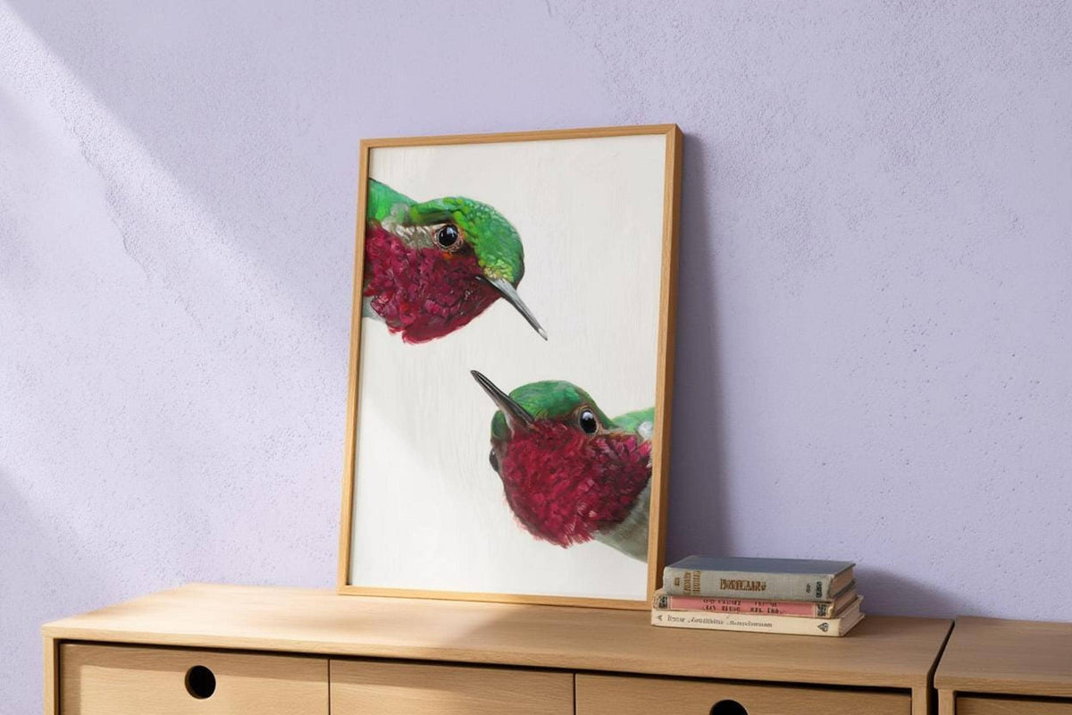 Lavender wall above wood dresser, whimsical hummingbird wall art print paired with books, playful animal wall art.