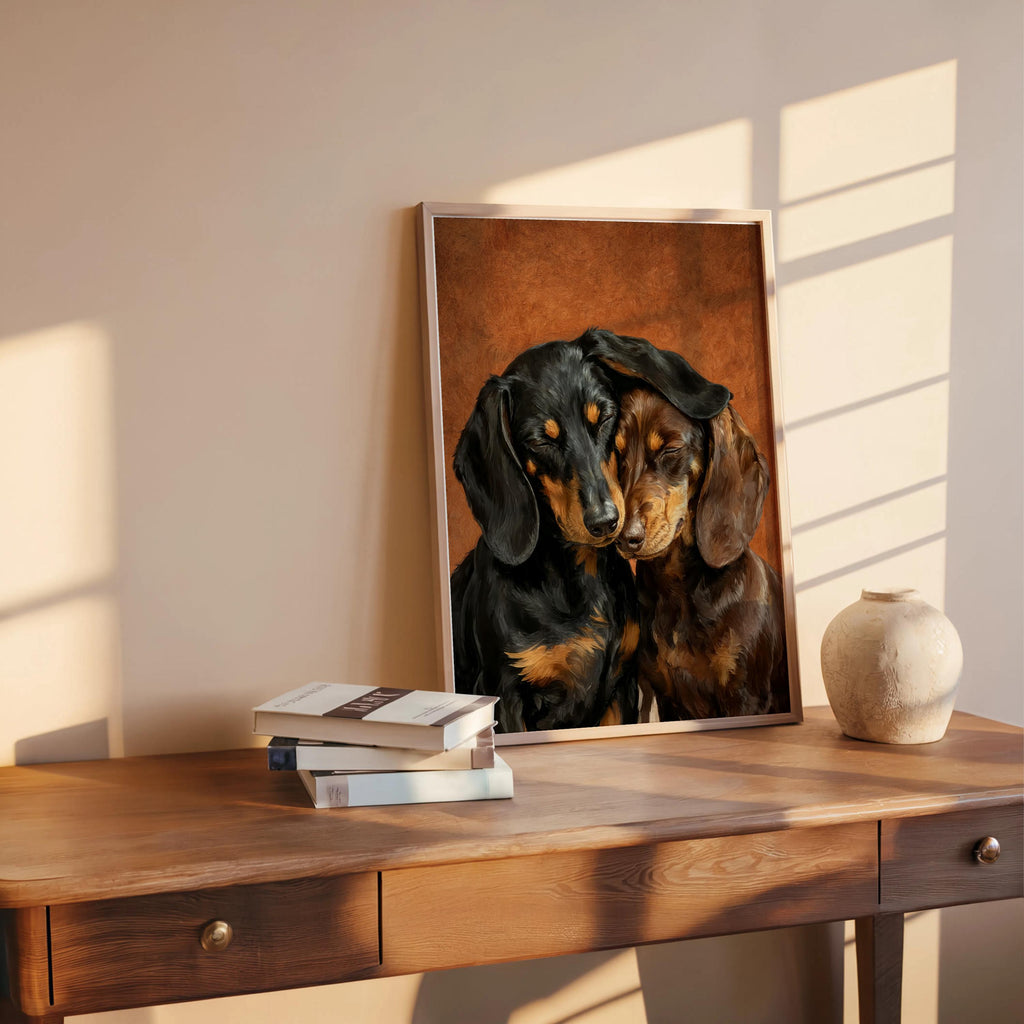 Dachshund Canvas Wall Art, Two Loving Wiener Dogs, Pet Memorial Art, Cute Sausage Dog Lover Portrait Gift, Cozy Doxie Painting