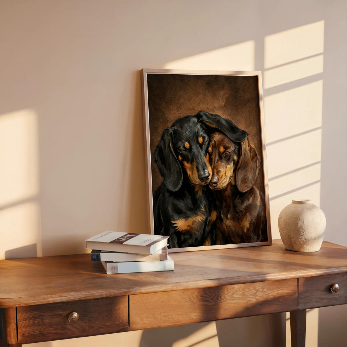 Dachshund Canvas Wall Art, Two Loving Wiener Dogs, Pet Memorial Art, Cute Sausage Dog Lover Portrait Gift, Cozy Doxie Painting