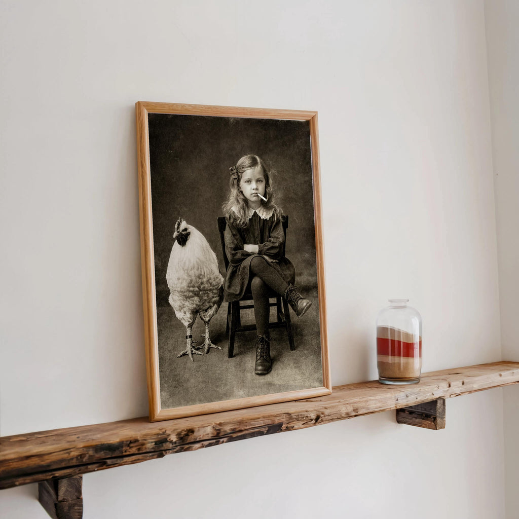 Vintage Smoking Girl with Chicken Art Print, Quirky Black & White Photography, Moody Child Portrait Poster, Eccentric Farmhouse Wall Decor