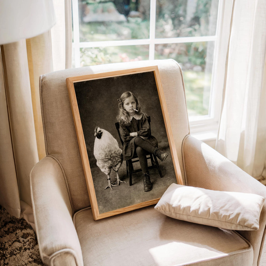 Vintage Smoking Girl with Chicken Art Print, Quirky Black & White Photography, Moody Child Portrait Poster, Eccentric Farmhouse Wall Decor