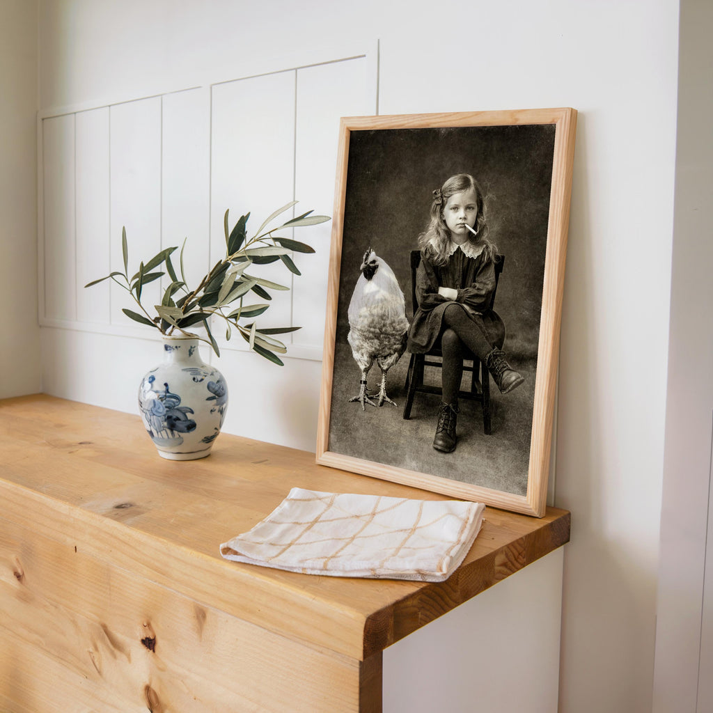 Vintage Smoking Girl with Chicken Art Print, Quirky Black & White Photography, Moody Child Portrait Poster, Eccentric Farmhouse Wall Decor