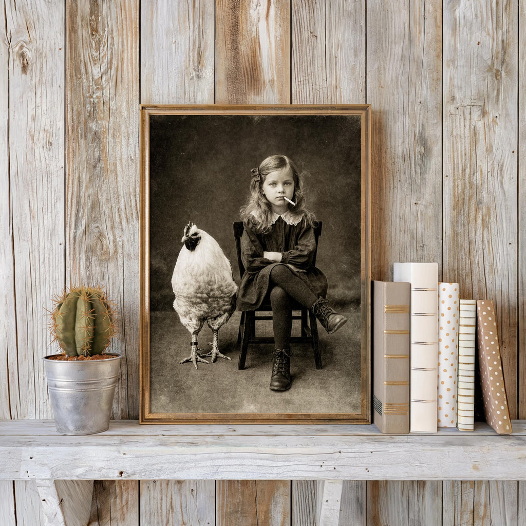 Vintage Smoking Girl with Chicken Art Print, Quirky Black & White Photography, Moody Child Portrait Poster, Eccentric Farmhouse Wall Decor