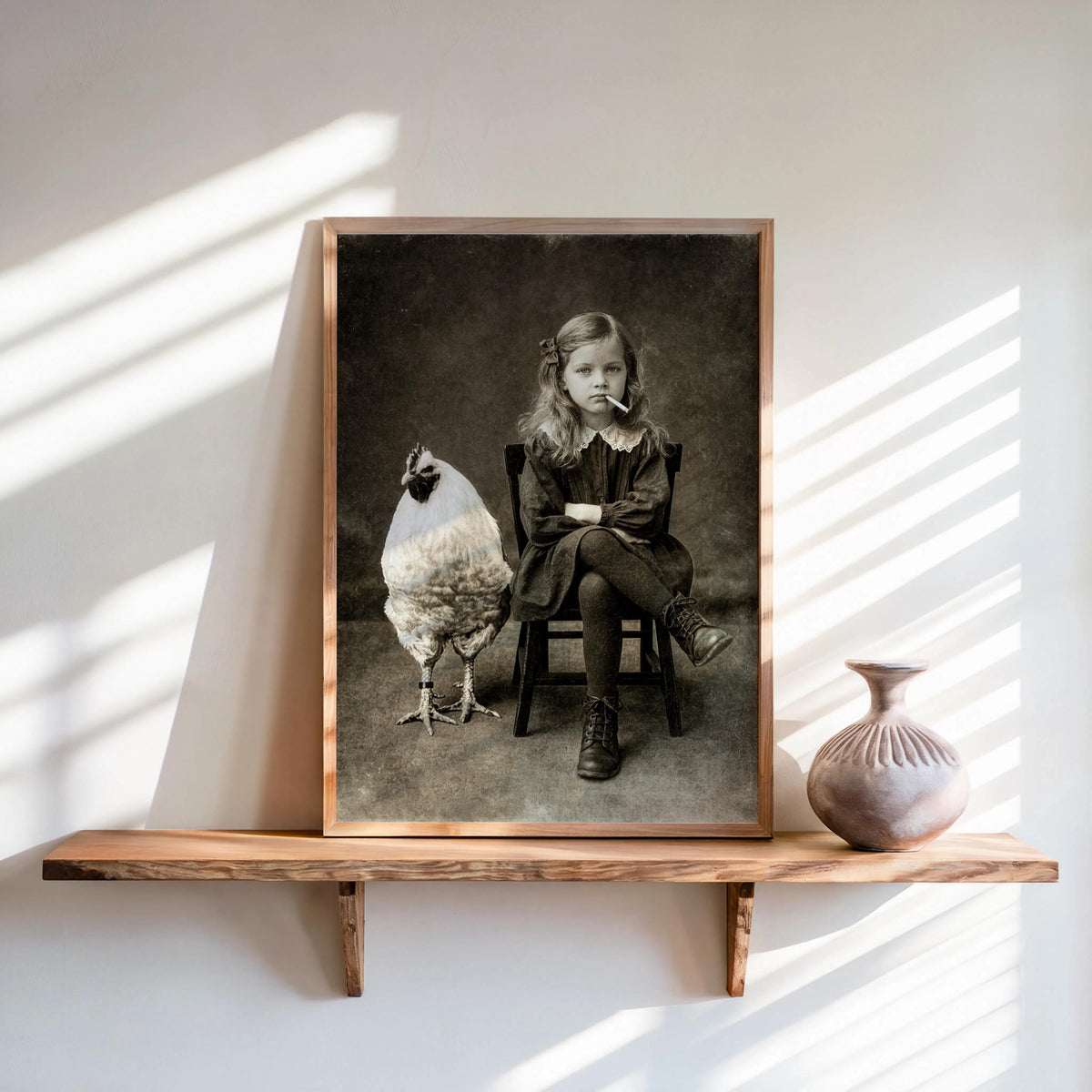 Vintage Smoking Girl with Chicken Art Print, Quirky Black & White Photography, Moody Child Portrait Poster, Eccentric Farmhouse Wall Decor