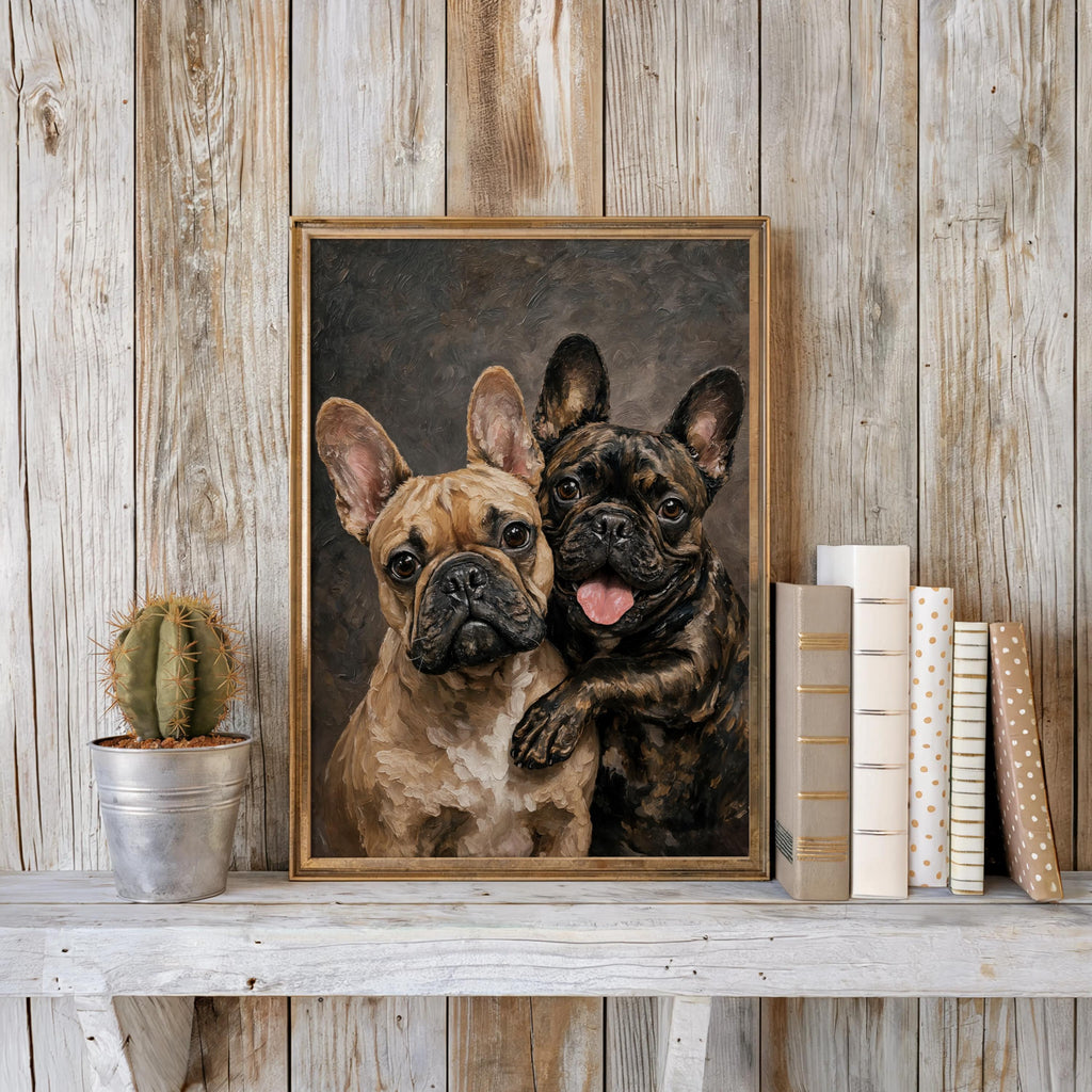 French Bulldog Portrait Canvas, Two Loving Frenchies, Canine Best Friends Painting, Pet Memorial Art, Cute Dog Mom Lover Portrait Gift