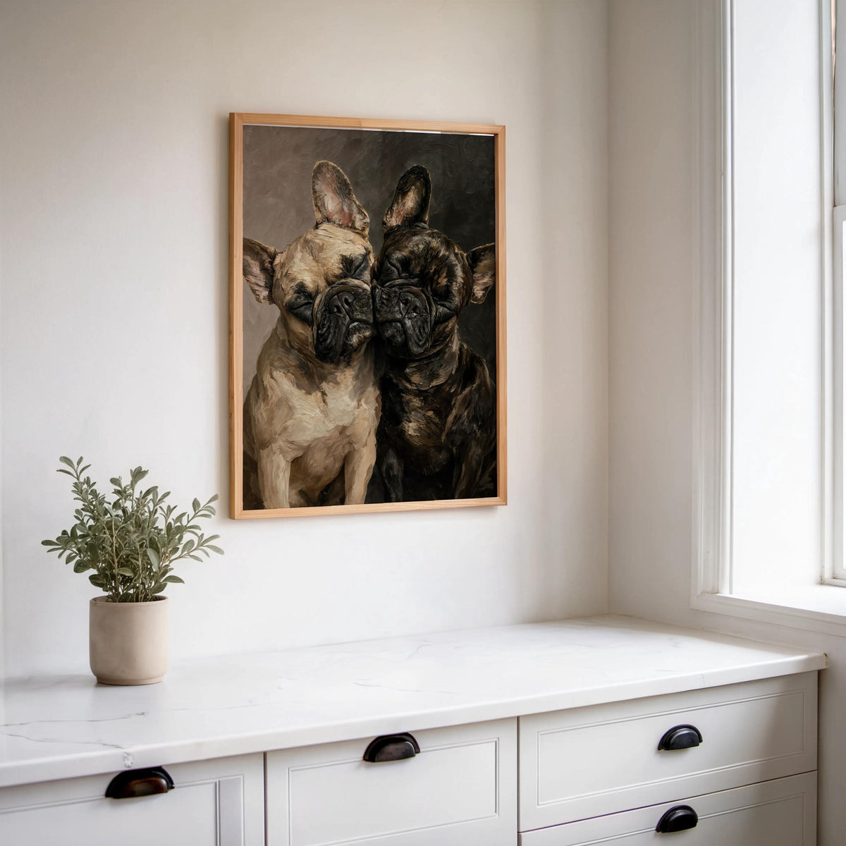 Frenchie Dog Portrait Print, Two Loving French Bulldogs, Frenchy Bathroom Wall Art, Pet Memorial Painting, Cute Lover Dog Mom Gift