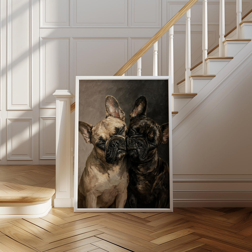 Frenchie Dog Portrait Print, Two Loving French Bulldogs, Frenchy Bathroom Wall Art, Pet Memorial Painting, Cute Lover Dog Mom Gift
