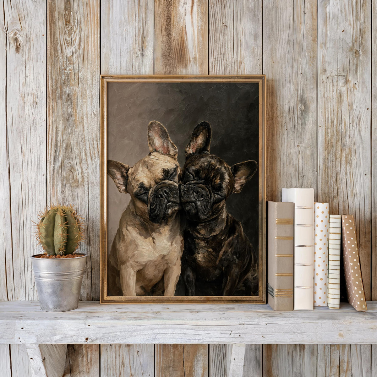 Frenchie Dog Portrait Print, Two Loving French Bulldogs, Frenchy Bathroom Wall Art, Pet Memorial Painting, Cute Lover Dog Mom Gift