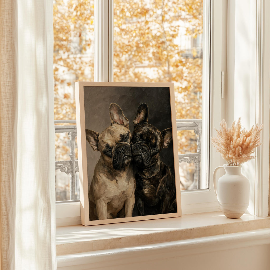 Frenchie Dog Portrait Print, Two Loving French Bulldogs, Frenchy Bathroom Wall Art, Pet Memorial Painting, Cute Lover Dog Mom Gift