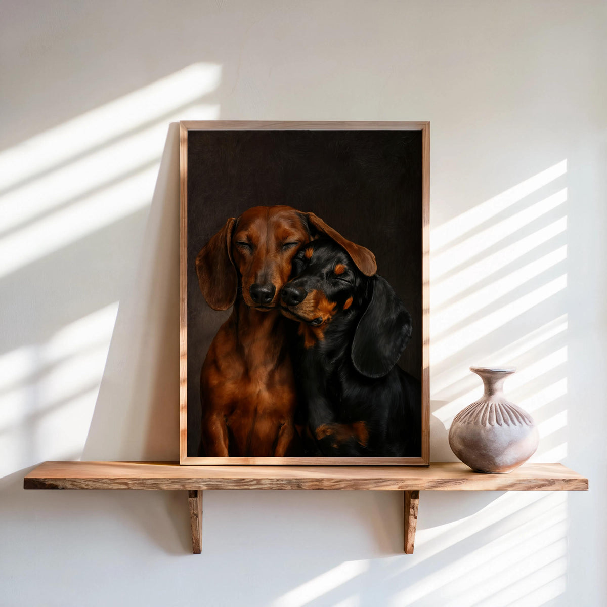 Straight-on framed dachshund wall art print, textured charcoal-brown background, warm side lighting