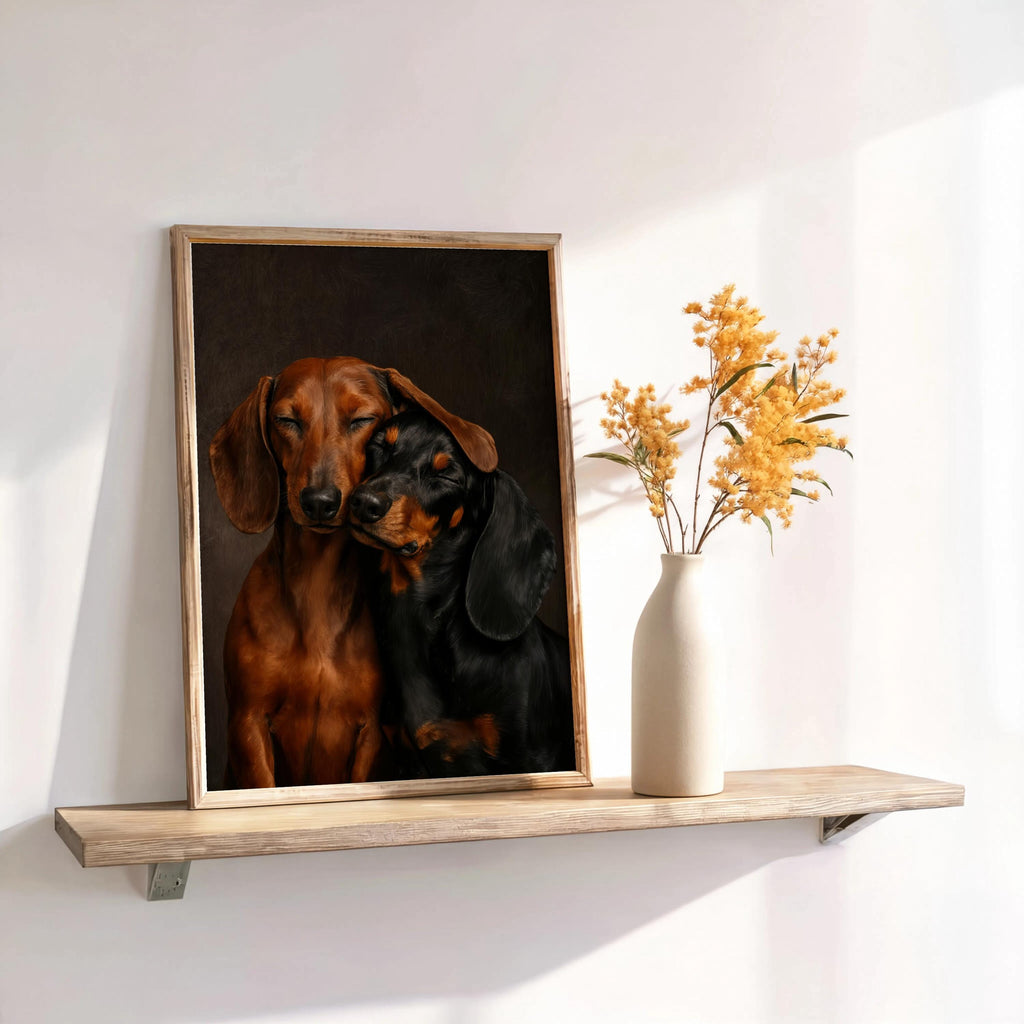 Framed dachshund canvas wall art perched on shelf beside golden dried flowers, soft natural light