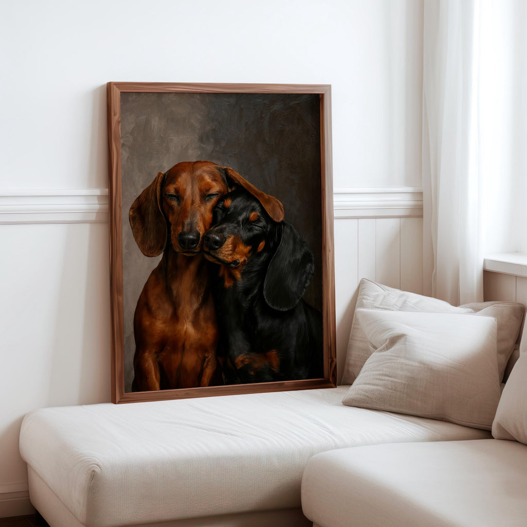 Framed dachshund wall art print tucked beside neutral sofa cushions, doxie dog wall art for dog lovers