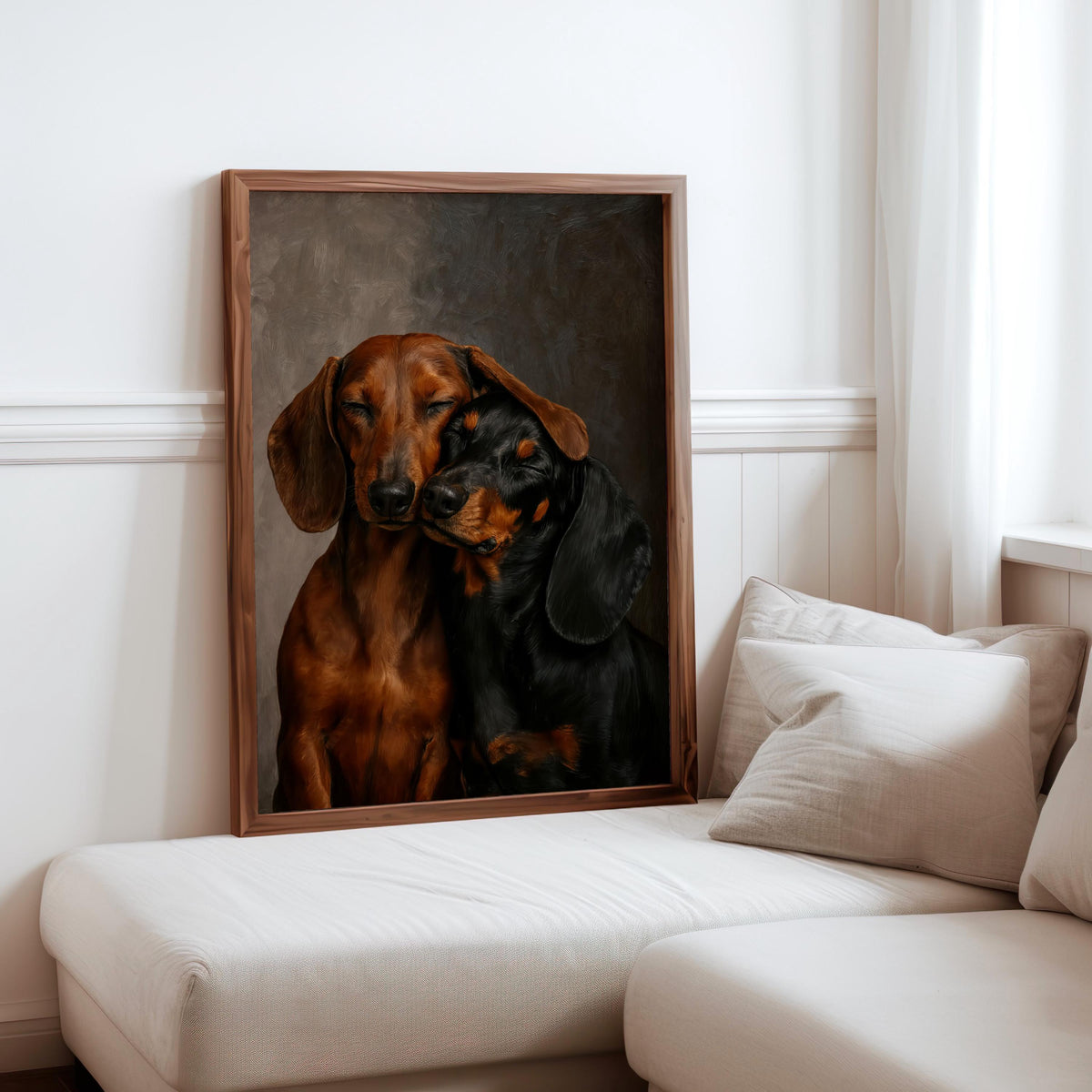 Framed dachshund wall art print tucked beside neutral sofa cushions, doxie dog wall art for dog lovers