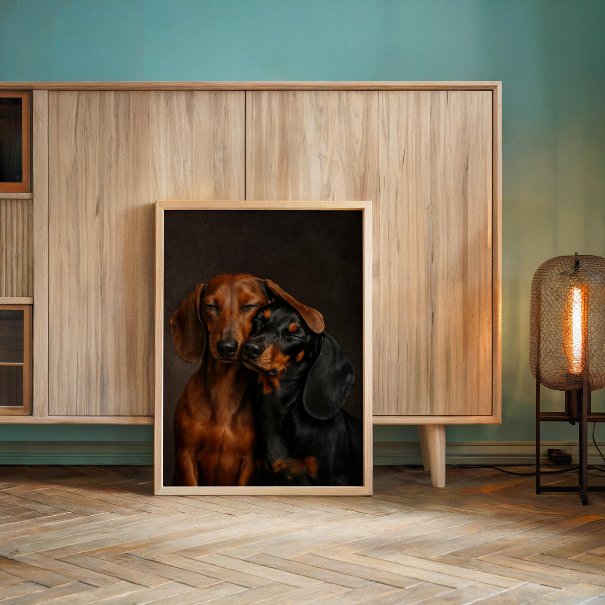 Tall framed dachshund canvas wall art leaning against wood paneling, modern farmhouse dog art, floor lamp
