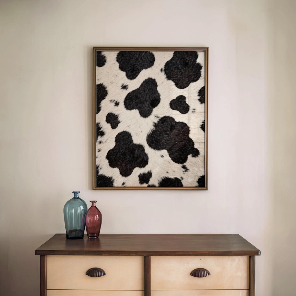 Framed cow print wall art hung above a console, two decorative glass vases add simple contrast