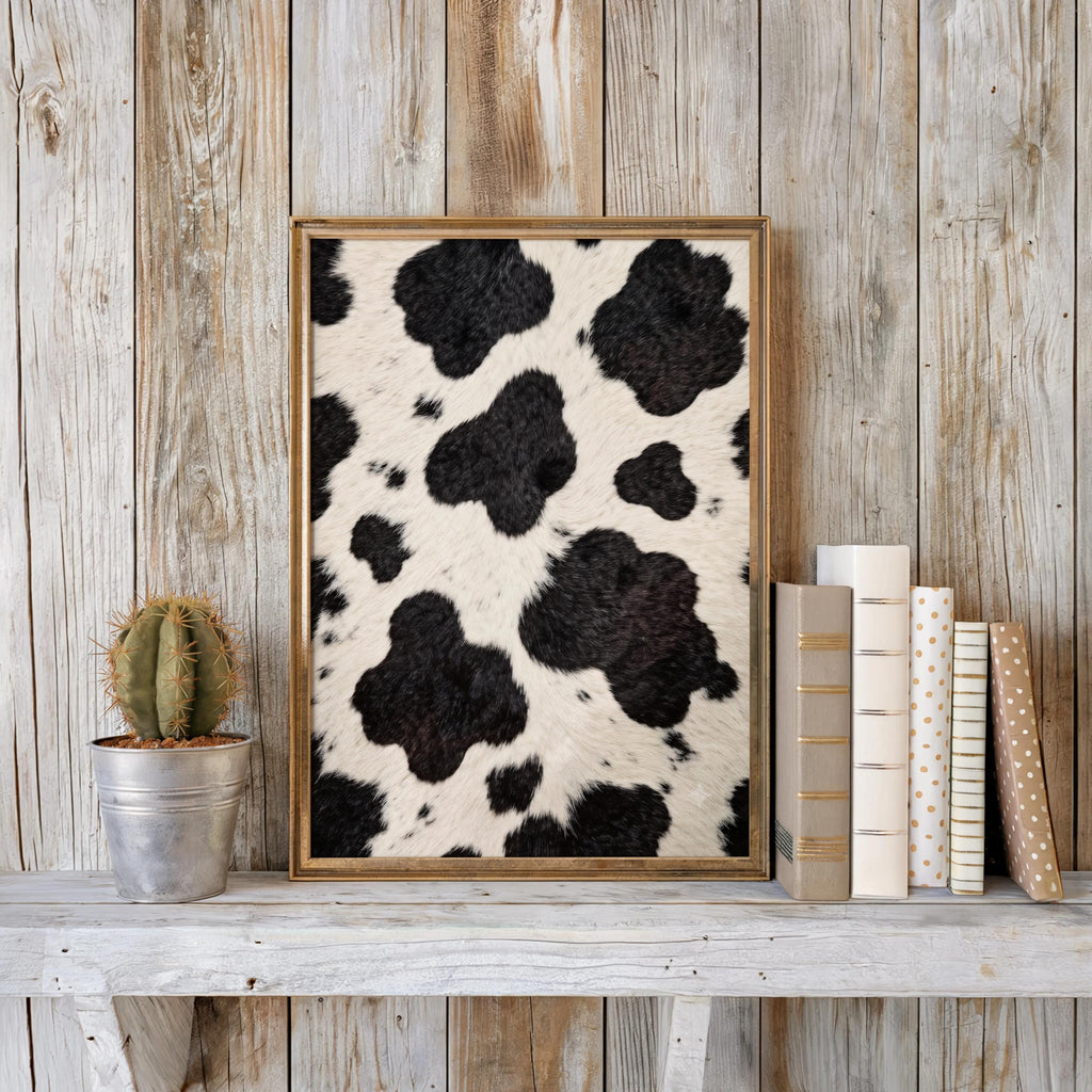 Cowhide wall art leaning against weathered wood paneling, small cactus pot and stacked books