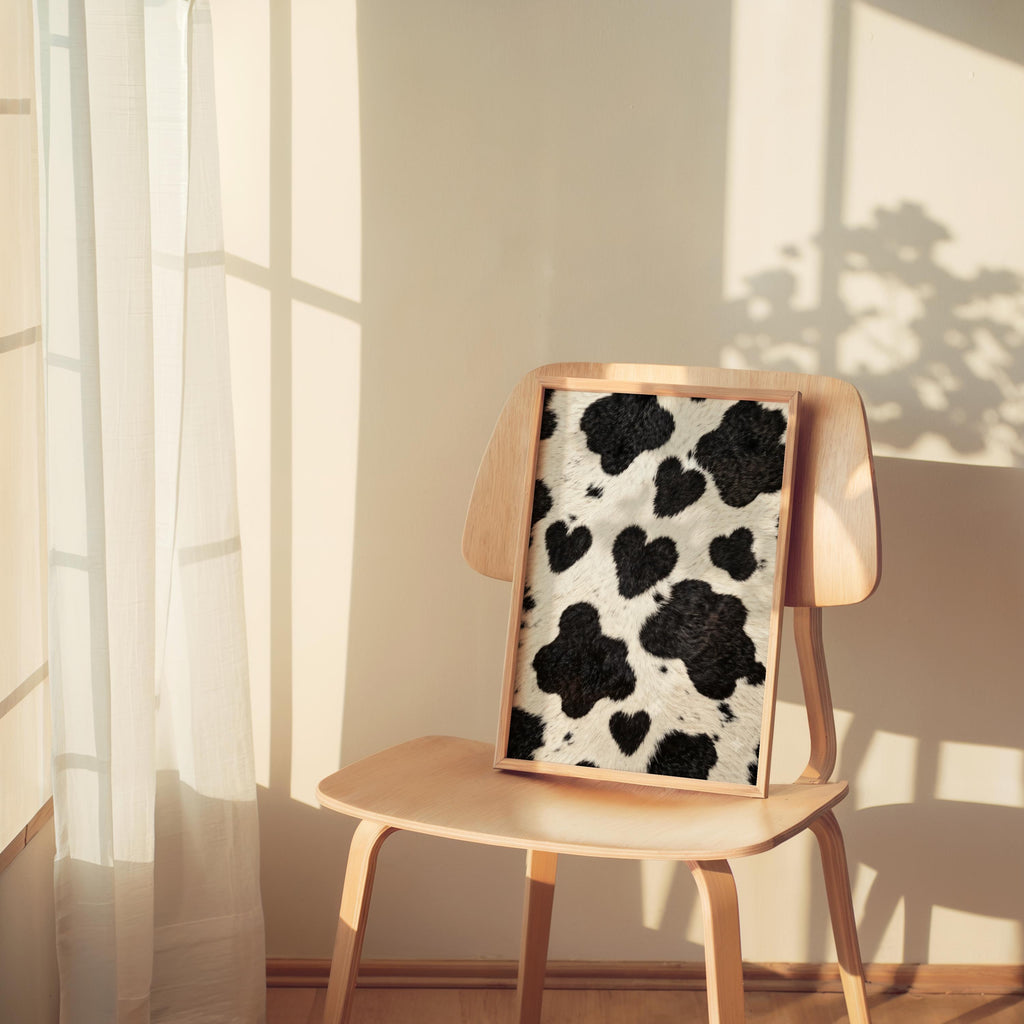 Heart cow print wall art propped on a wooden chair, warm sunlight and soft farmhouse shadows