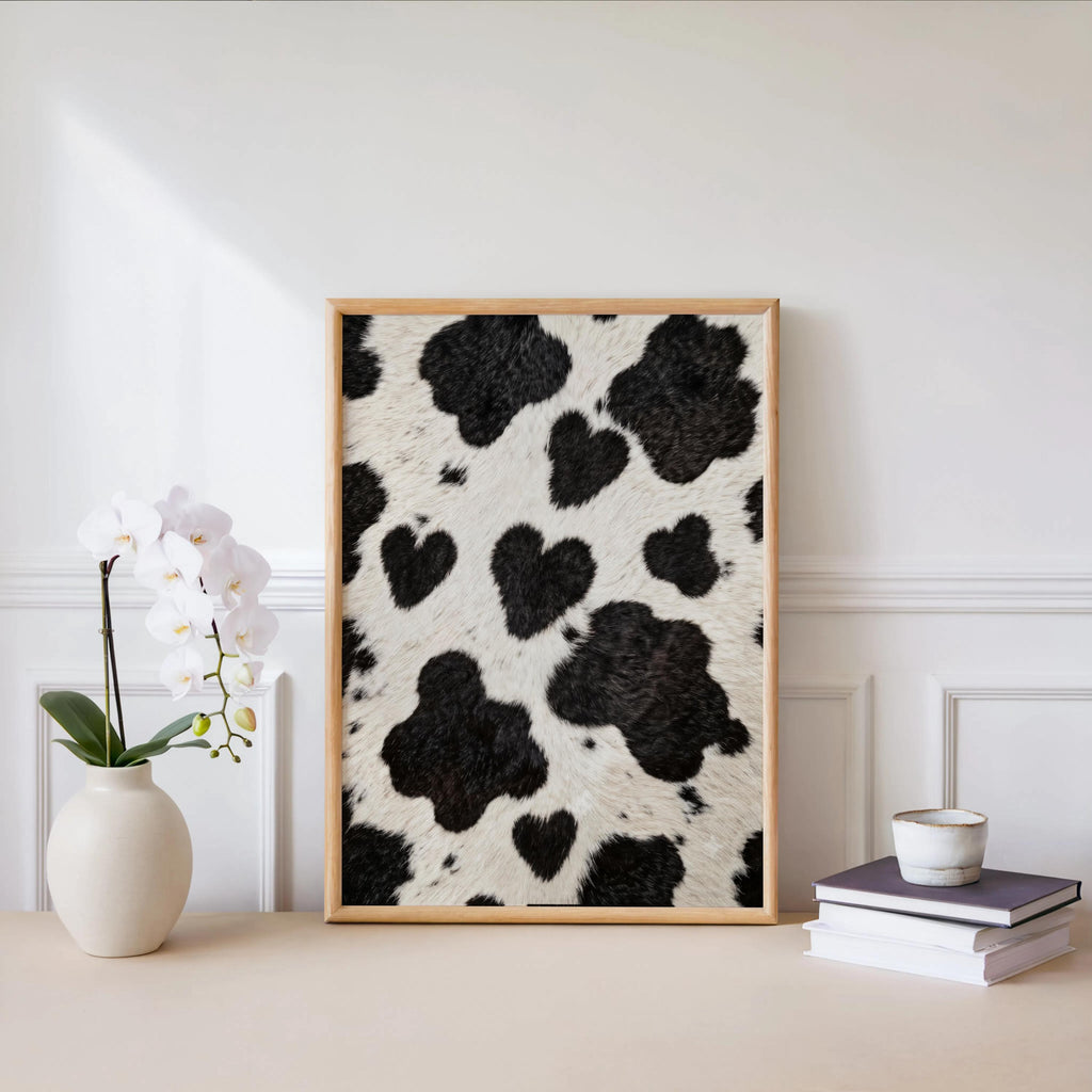 Heart cow print wall art leaning on a white ledge, orchid and candle accents, minimalist farmhouse look