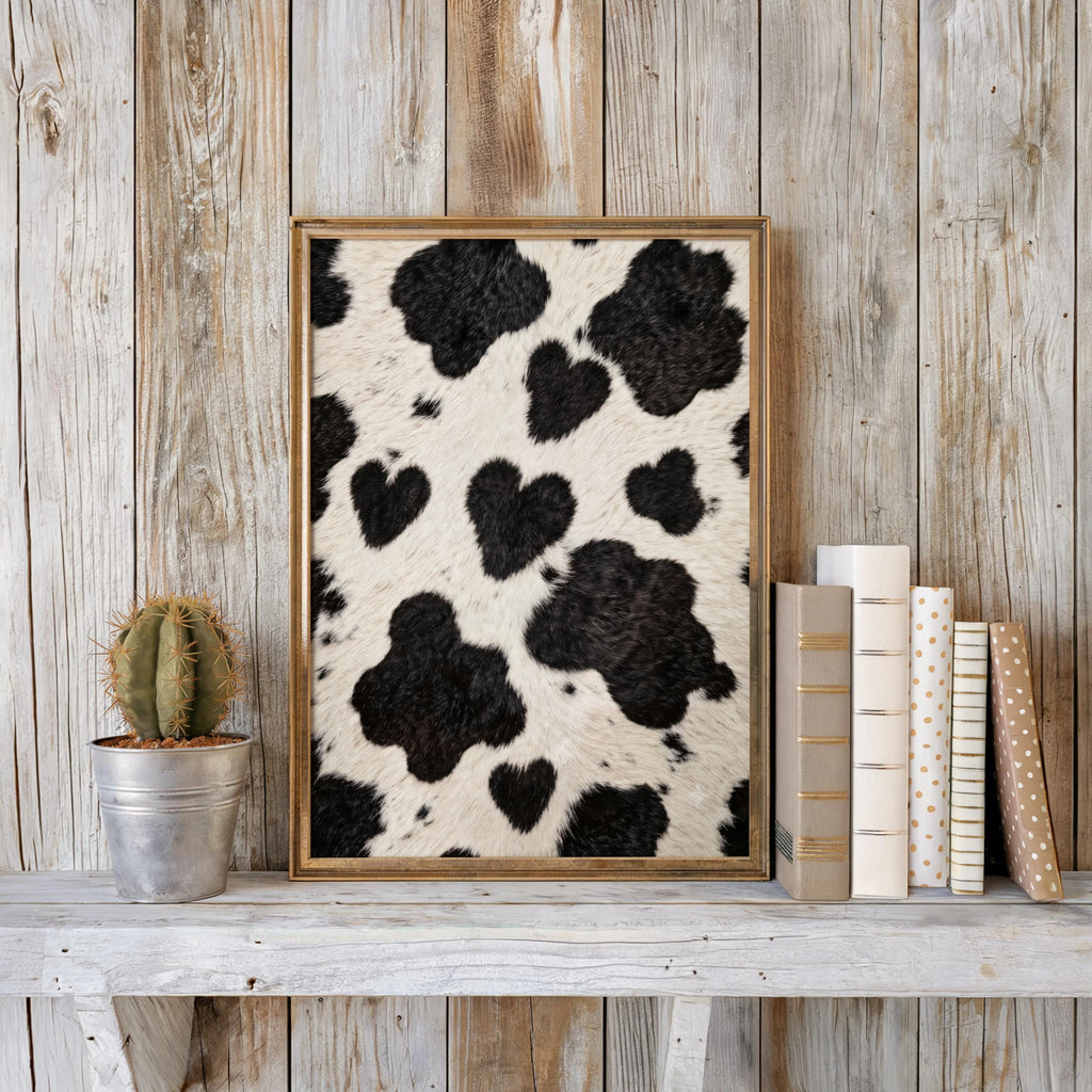 Heart cow print wall art framed against weathered wood planks, styled with books and a small cactus