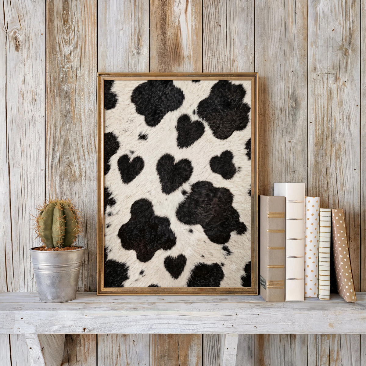 Heart cow print wall art framed against weathered wood planks, styled with books and a small cactus