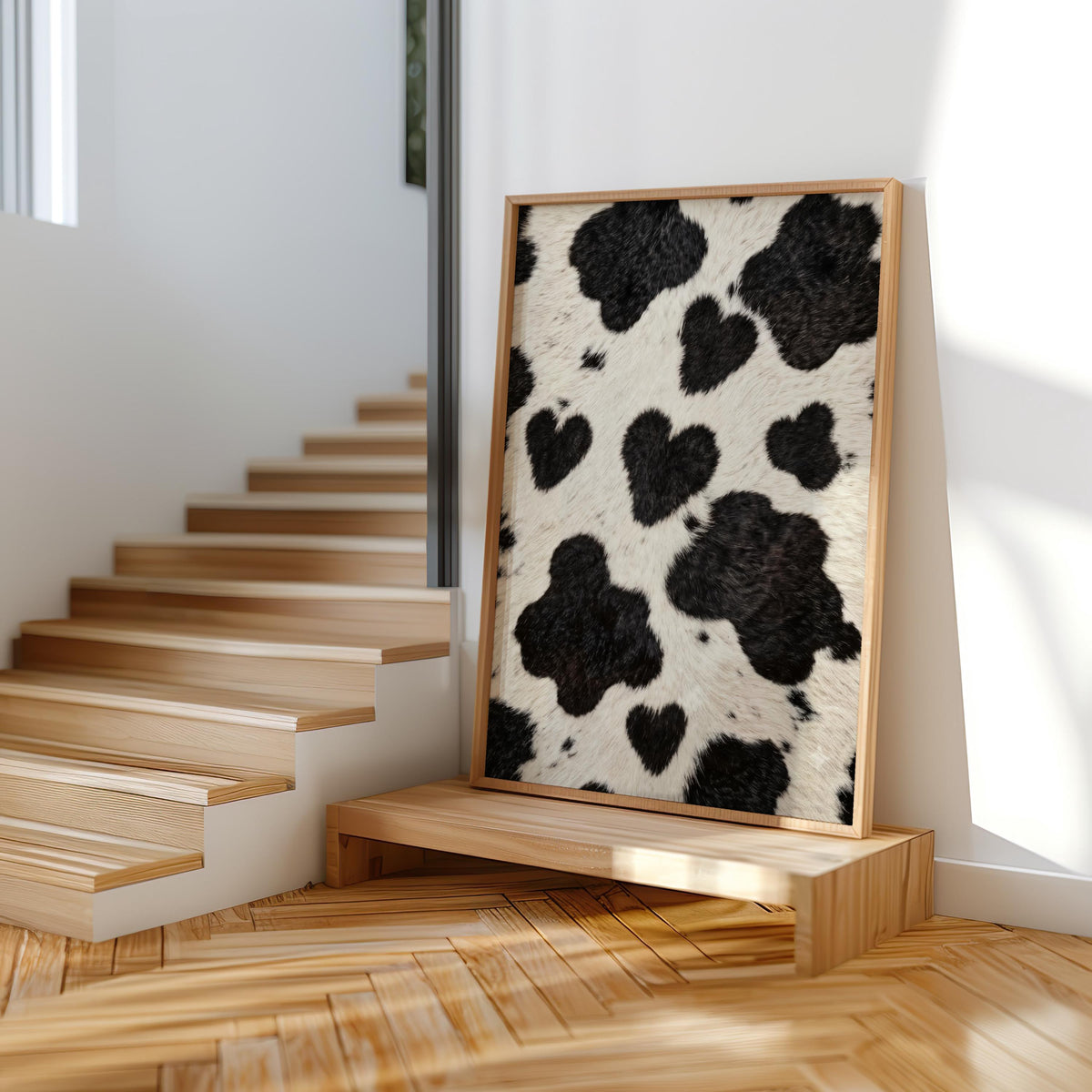 Heart cow print wall art displayed at a staircase landing, two natural frames, warm farmhouse setting