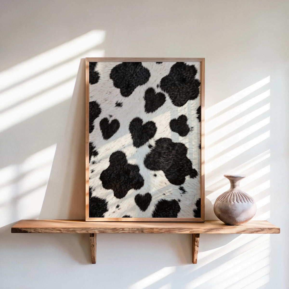 Framed heart cow print wall art on a small rustic shelf, sunlit, creamy white background