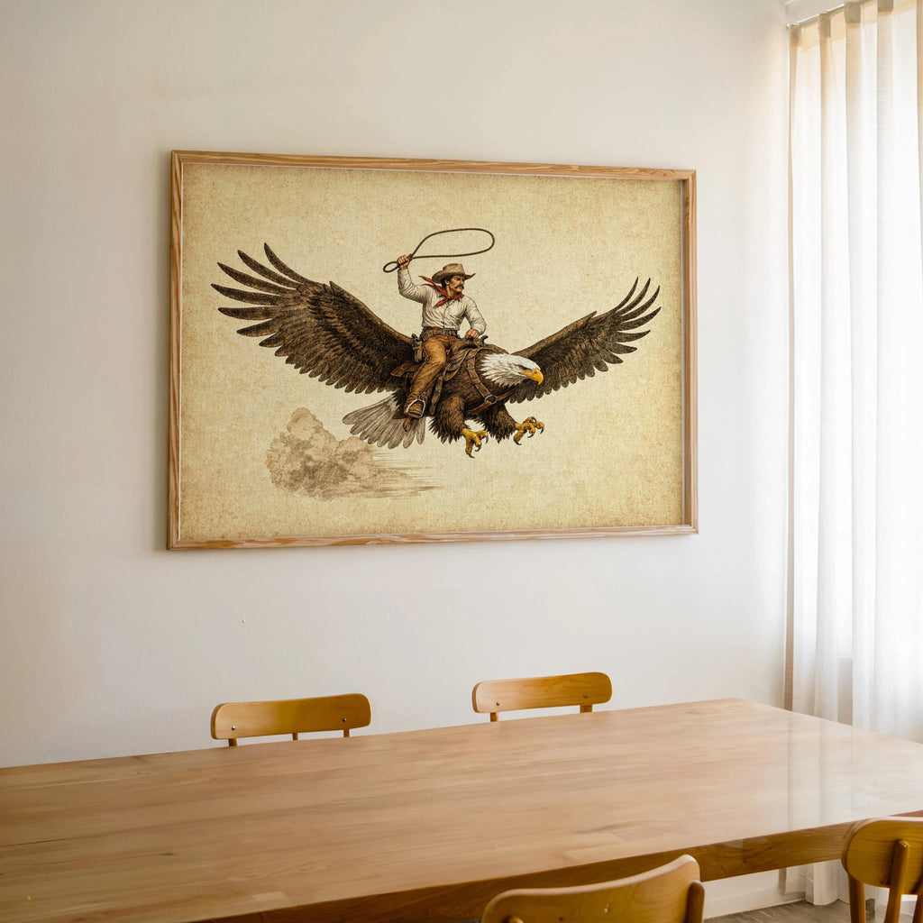 Large framed cowboy riding eagle wall art above dining table, patriotic western decor, warm wood chairs