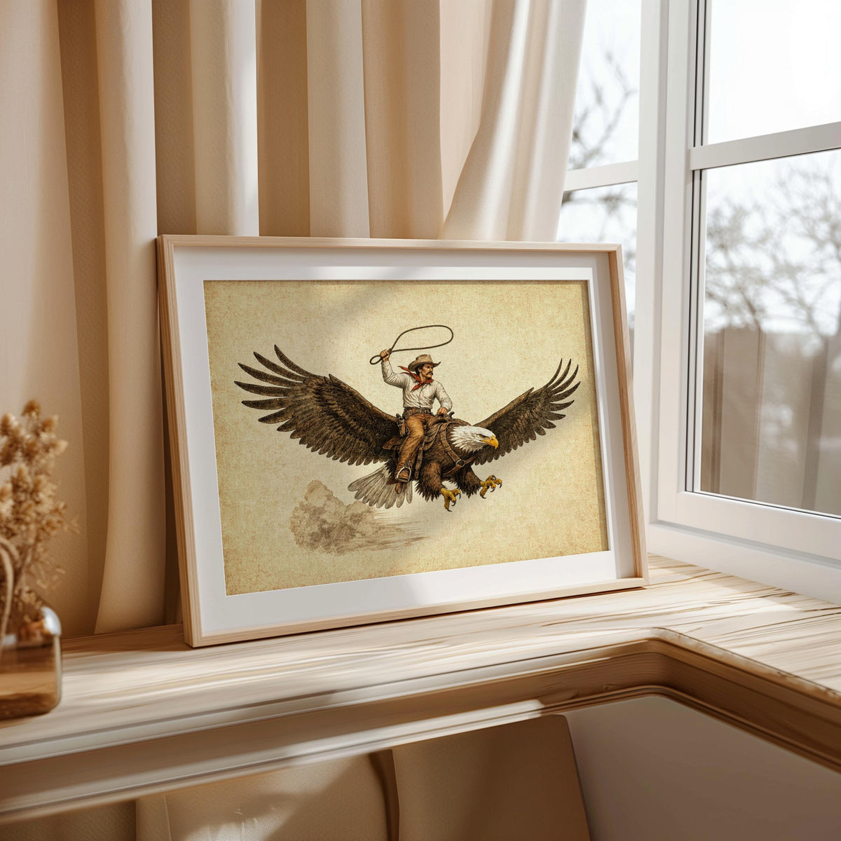 Print propped on a window ledge with curtains, cowboy riding eagle wall art in muted sepia, rustic charm