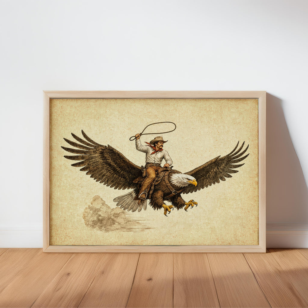 Framed cowboy riding eagle wall art leaning on wooden floor, sepia tones, weathered parchment