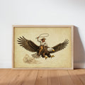 Framed cowboy riding eagle wall art leaning on wooden floor, sepia tones, weathered parchment